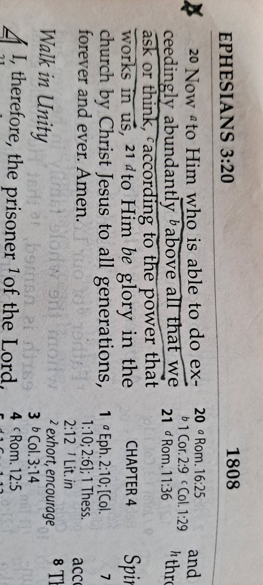 Amy’s Bible at Ephesians 3:20, with “above all that we ask or think, according to the power that works in us” underlined.