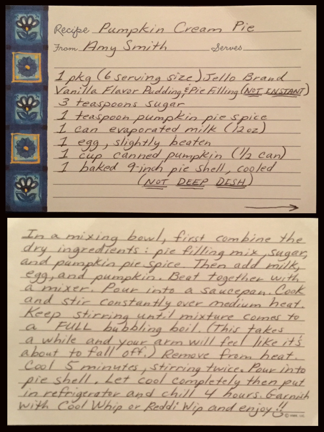 Amy Smith’s handwritten Pumpkin Cream Pie recipe card, including ingredients and instructions.